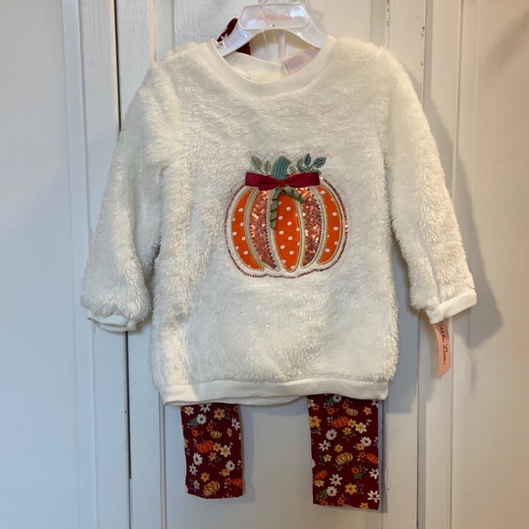 Little Lass NWT 2 piece set with headband. Pumpkin white sweater and pants.